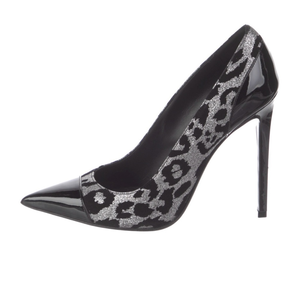 Balmain Patent Leather Black Silver Animal Print Heels Sz.38.5